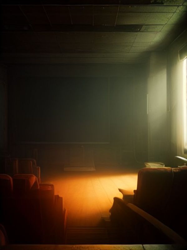 Dark projection room, an old projector throwing an amber beam, dust drifting in the light, cinematic still