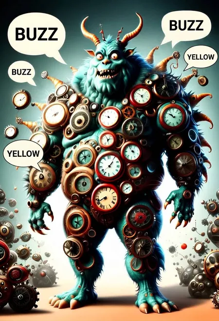 A whimsical blue-green monster covered in vintage clocks and gears, playful, exaggerated, and surreal