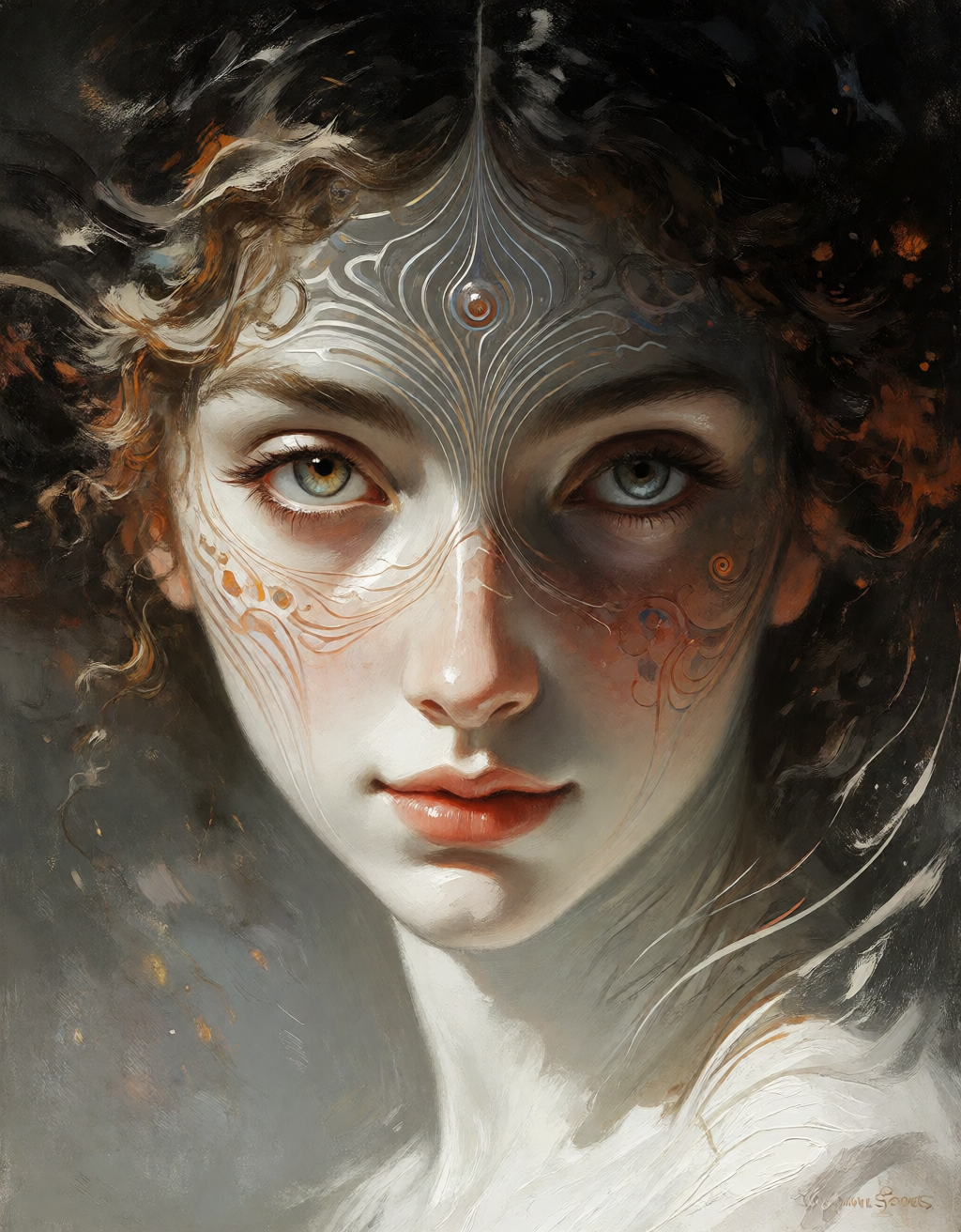 Dreamlike oil-painted female portrait with mystical silver facial patterns, dark curls, and an elegant surreal atmosphere