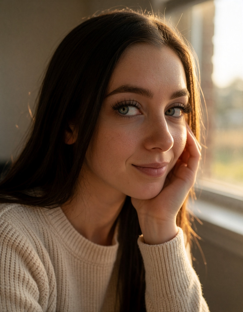 Natural close-up portrait of a woman by the window in warm sunlight, long dark hair, a gentle smile, and cinematic realistic lighting